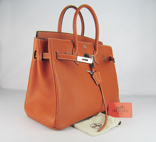 High Quality Fake Hermes 35CM Embossed Veins Leather Bag Orange 6089